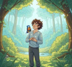 Ilustração de uma pessoa sorrindo com uma borboleta pousando no ombro, simbolizando a felicidade encontrada em momentos simples e na natureza.