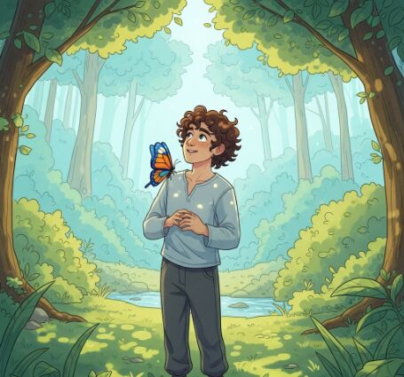 Ilustração de uma pessoa sorrindo com uma borboleta pousando no ombro, simbolizando a felicidade encontrada em momentos simples e na natureza.