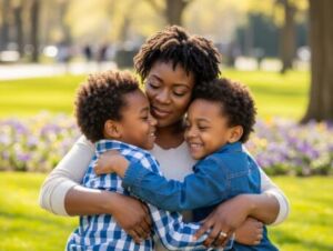 Mãe solo sorridente abraçando seus dois filhos em um parque ensolarado, demonstrando amor e união familiar.