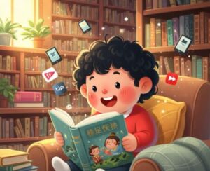 Ilustração de criança lendo livro em biblioteca com elementos digitais, representando a evolução da leitura.