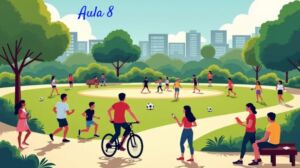Uma cena vibrante e composta, mostrando várias pessoas engajadas em diferentes atividades cotidianas e de lazer ao ar livre, em um parque ou área urbana com vegetação. Em primeiro plano, uma pessoa está correndo com roupas esportivas e fones de ouvido. Próximo a ela, um casal está caminhando ou andando de bicicleta casualmente. Ao fundo, um pequeno grupo de amigos está jogando futebol ou tênis em uma quadra, e alguém está sentado em um banco lendo um livro. Outra pessoa pode estar acessando o celular (redes sociais). A cena deve ter luz natural, talvez no final da tarde, e cores alegres, transmitindo uma sensação de atividade, bem-estar e diversidade de hábitos.