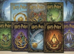 As sete capas dos livros de Harry Potter, cada uma ilustrando um título diferente da famosa série de fantasia.