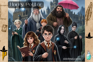 Ilustração dos personagens de Harry Potter e a Pedra Filosofal, incluindo Harry, Hermione, Ron, Dumbledore, Hagrid e outros, com o Castelo de Hogwarts ao fundo.