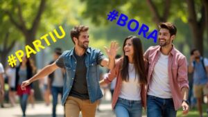 Um grupo de três amigos jovens, com idades entre 20 e 25 anos, com rostos animados e sorridentes, está se levantando de um banco de praça ensolarado em um parque vibrante no Brasil. Um deles gesticula com a mão como se estivesse chamando os outros para ir, enquanto os outros dois começam a se mover com um ar de entusiasmo. O fundo mostra pessoas passeando e árvores verdes.