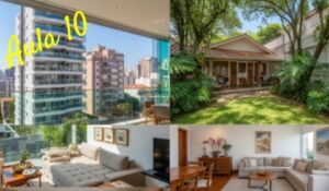 Colagem de imagens mostrando diferentes tipos de moradias e cômodos internos no Brasil: um prédio de apartamentos moderno, uma casa térrea com quintal, um sobrado clássico, uma sala de estar com sofá e uma cozinha organizada.