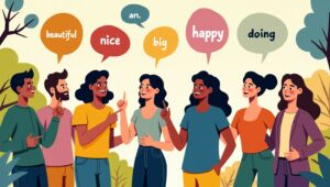 Uma ilustração vibrante e acolhedora de um grupo de pessoas diversas (homens e mulheres de diferentes idades e etnias) interagindo alegremente em um ambiente comum, como um café ou parque. Elas estão apontando para objetos ou para si mesmas, como se estivessem descrevendo algo ou alguém. Há bolhas de texto coloridas acima das cabeças com palavras como "linda", "simpático", "grande", "feliz", "fazendo", em português, destacando a ideia de descrição e ação.