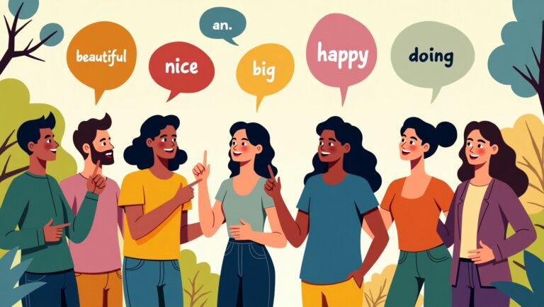 Uma ilustração vibrante e acolhedora de um grupo de pessoas diversas (homens e mulheres de diferentes idades e etnias) interagindo alegremente em um ambiente comum, como um café ou parque. Elas estão apontando para objetos ou para si mesmas, como se estivessem descrevendo algo ou alguém. Há bolhas de texto coloridas acima das cabeças com palavras como "linda", "simpático", "grande", "feliz", "fazendo", em português, destacando a ideia de descrição e ação.