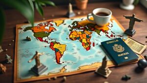 Uma imagem realista e convidativa de um mapa-múndi vintage sobre uma mesa de madeira, com um passaporte brasileiro aberto, bilhetes de avião e uma xícara de café quente. Ao redor do mapa, há pequenas miniaturas de pontos turísticos famosos do Rio de Janeiro (como o Cristo Redentor e o Pão de Açúcar) e de outros destinos variados, simbolizando a diversidade de viagens. A iluminação é suave e aconchegante, criando uma atmosfera de planejamento e aventura.