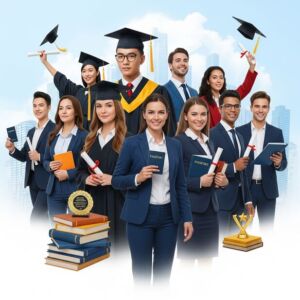 Grupo diverso de pessoas celebrando sucesso acadêmico e profissional, representando os CELPE-Bras Benefícios e as oportunidades que a proficiência em português oferece.