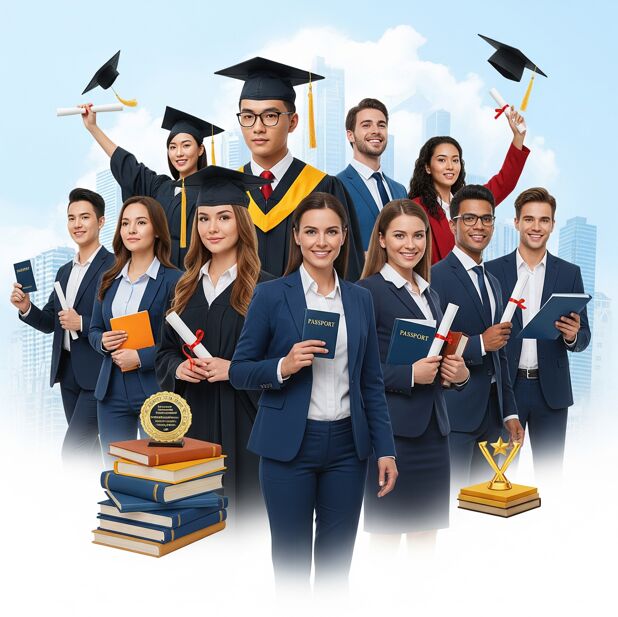 Grupo diverso de pessoas celebrando sucesso acadêmico e profissional, representando os CELPE-Bras Benefícios e as oportunidades que a proficiência em português oferece.
