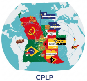 Mapa ilustrativo mostrando os nove CPLP Países conectados globalmente, representando a comunidade da língua portuguesa.