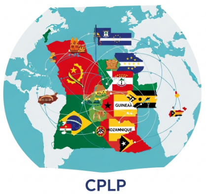 Mapa ilustrativo mostrando os nove CPLP Países conectados globalmente, representando a comunidade da língua portuguesa.