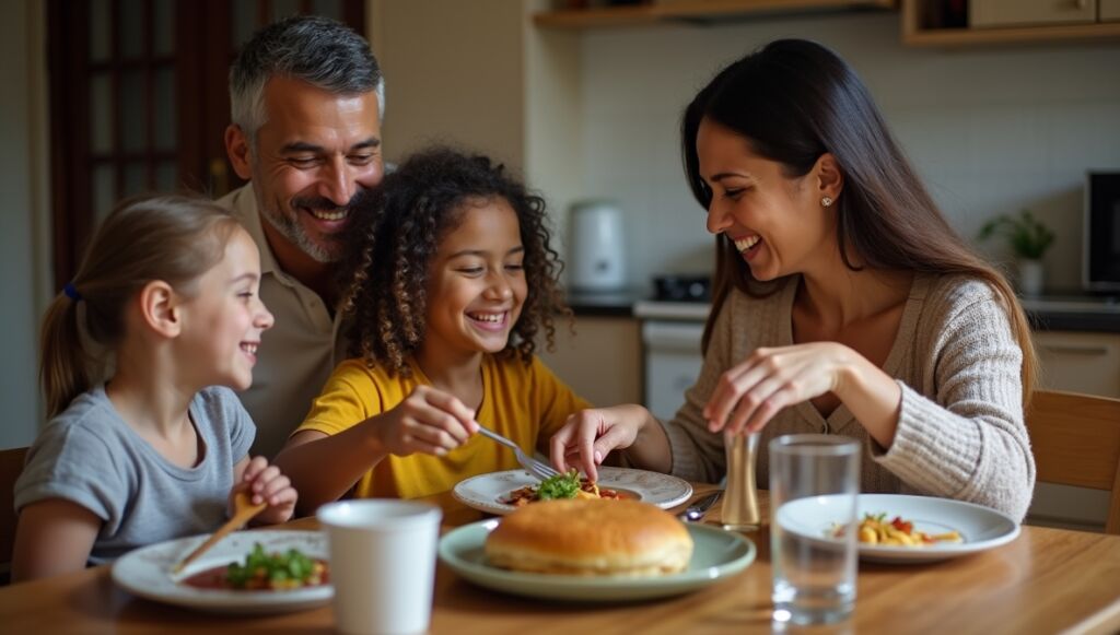 Uma família brasileira (pai, mãe, e uma criança de uns 8 anos) está jantando em uma mesa de madeira na cozinha de sua casa. O ambiente é aconchegante e bem iluminado. Todos sorriem e parecem felizes, interagindo uns com os outros. A mãe serve a comida. Detalhes simples, como pratos, copos e talheres sobre a mesa. Estilo fotográfico, luz natural.