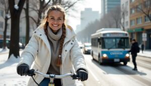 A cheerful Brazilian woman riding a bicycle through a park, while a man waits at a bus stop and a taxi passes by on the street — in a modern city with colorful houses and trees. Bright, sunny day.