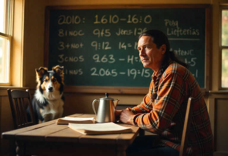 imagem de uma sala de aula com a professora sorrindo na frente do quadro negro e uma mesa com um café e um livro em cima da mesa uma cadeira e um cachorro sobre a cadeira