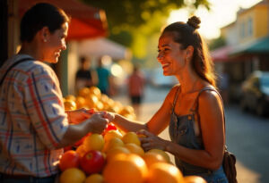Uma mulher de meia-idade, sorridente e com uma expressão amigável, está em uma feira de rua colorida no Brasil. Ela está pagando por algumas frutas frescas, e enquanto o vendedor lhe entrega o troco, ela oferece uma fruta extra (como uma banana ou uma maçã) para uma criança pequena que está ao lado da barraca, com um olhar de gratidão. A cena é iluminada pelo sol e transmite uma sensação de generosidade e interação positiva.