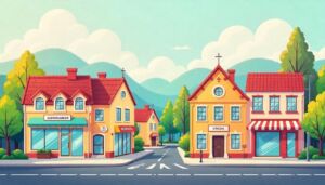 A colorful flat illustration of a city neighborhood with labeled buildings such as a supermarket, pharmacy, hospital, school, church, cinema, and park. The background should be light and friendly, and the style should be educational and simple, suitable for beginner Portuguese language learners.