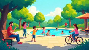 Uma cena colorida e alegre de pessoas desfrutando de diversos hobbies e atividades de lazer ao ar livre: alguém lendo um livro em um banco, uma pessoa ouvindo música com fones de ouvido, crianças dançando e brincando, outra pessoa cozinhando em uma churrasqueira, um grupo jogando futebol, alguém nadando em uma piscina e um ciclista pedalando. O cenário é um parque ensolarado com árvores e flores, ilustrado em um estilo limpo, amigável e educativo, adequado para alunos iniciantes de português.