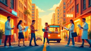 Uma ilustração colorida e vibrante que mostra diferentes profissões em um ambiente urbano: um médico com um estetoscópio, um professor em uma sala de aula, um engenheiro com uma planta baixa, um advogado com livros jurídicos, um cozinheiro em uma cozinha, um motorista de ônibus em um veículo, um estudante com livros, uma secretária em uma mesa, um arquiteto com uma maquete de casa, uma enfermeira auxiliando um paciente, um cientista com equipamentos de laboratório e um artista pintando em uma tela. Cada personagem sorri e se dedica ao seu trabalho, com um fundo urbano alegre e acolhedor.