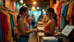 A small clothing store in Brazil, with colorful clothes on racks, price tags in reais (R$), a smiling salesperson talking to a customer holding a blouse. There is a cash register with signs saying 'Promotion' and 'Discount'. Tropical atmosphere, warm light.