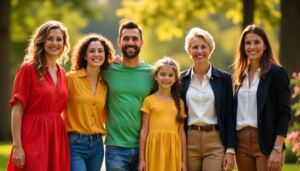 A group of smiling people of different ages and backgrounds standing together, each wearing colorful clothes: one in a red dress, another in a green T-shirt and blue jeans, a child in a yellow skirt and white blouse, and someone else wearing a black jacket and brown pants. They are standing on a sunny day in a park, with trees and flowers in the background. Everyone looks happy and relaxed, showing a variety of clothing styles.
