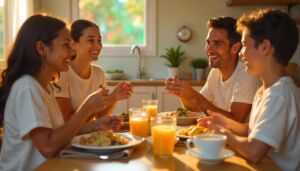 Uma alegre família brasileira almoça junta à mesa. Sobre a mesa, há arroz, feijão, carne, salada e frutas como banana e maçã. Um copo de suco e uma xícara de café também estão presentes. O fundo é claro e colorido, representando um ambiente doméstico típico.