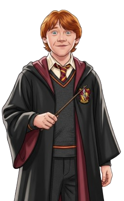 Ilustração de Rony Weasley com cabelo ruivo e uniforme da Grifinória, segurando a varinha.
