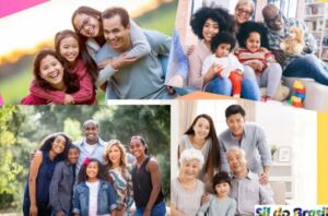 Uma colagem de quatro fotografias que mostram a família moderna em suas diversas formas. As imagens incluem famílias asiáticas, multirraciais e multigeneracionais, representando a pluralidade de origens e relações.