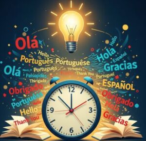 Ilustração digital de um relógio analógico ao centro, com palavras em português (ex: Olá, Português), espanhol (ex: Hola, Español) e inglês (ex: Hello, English) voando e se transformando ao redor. Acima do relógio, uma lâmpada acesa brilha, e na parte inferior, dois livros abertos. A imagem representa o conceito de aprender novos idiomas de forma rápida e conectada.