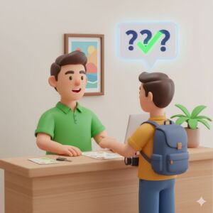 Ilustração de turista fazendo **Reservar Hotel em Português** na recepção com sucesso.