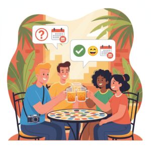 Ilustração de amigos de diferentes nacionalidades celebrando e aprendendo a **Convidar em Português** de forma natural.