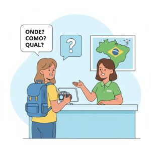 Ilustração de turista no balcão aprendendo a Pedir Informações em Português para roteiro de turismo no Brasil.