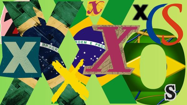 A clean language learning infographic visually explaining the 4 Sounds of X in Portuguese. A large, stylized capital 'X' in the center is divided into four colored sections ([ʃ], [z], [ks], [s]), connected to illustrated examples like "Xícara," "Exame," "Táxi," and "Texto," all set on a white background with academic icons.