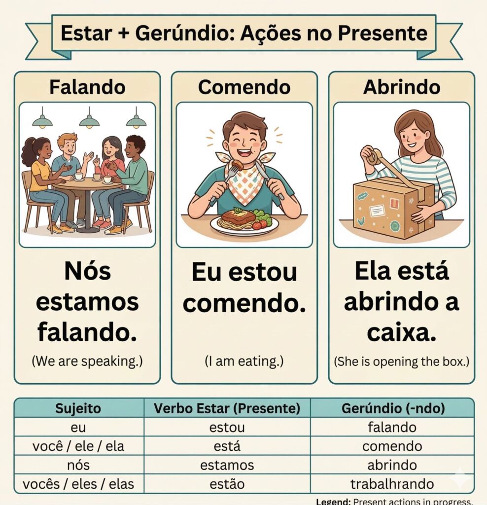 An educational poster about the estar + gerund in Portuguese grammar rule. The top section shows three examples: "Nós estamos falando" (We are speaking) with an image of friends at a table; "Eu estou comendo" (I am eating) with a man at dinner; and "Ela está abrindo a caixa" (She is opening the box) with a woman taping a package. The bottom contains a grammar table showing the conjugation of the verb "estar" (estou, está, estamos, estão) paired with gerund forms like falando, comendo, and abrindo.