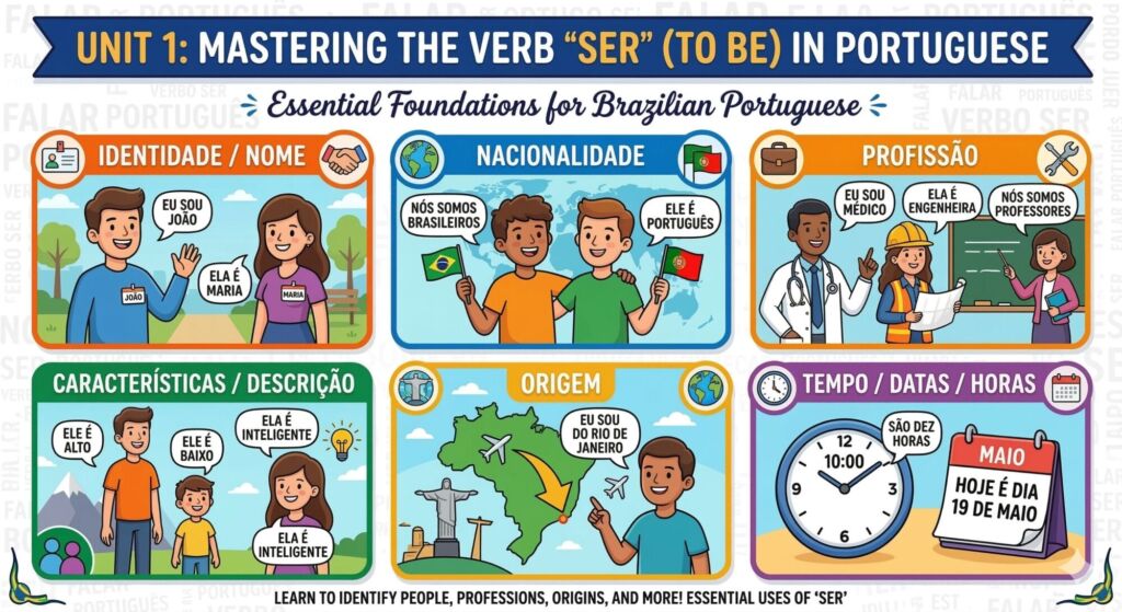 A vibrant digital infographic illustration divided into six colorful panels, each depicting a common usage of the Brazilian Portuguese verb 'ser' (to be) in the present tense. Each panel features a cartoon character and a short Portuguese sentence. The panels include: 1. Nationalities (We are Brazilians/Portuguese), 2. Professions (I am a doctor/engineer), 3. Identity/Names (I am João/Maria), 4. Character & Physical Traits (He is tall/intelligent), 5. Time & Dates (It is ten o'clock/Today is Monday), and 6. Origin (I am from Rio de Janeiro). The style is modern, friendly, and uses a warm color palette. The overall composition is a cheerful guide to essential Portuguese sentences.