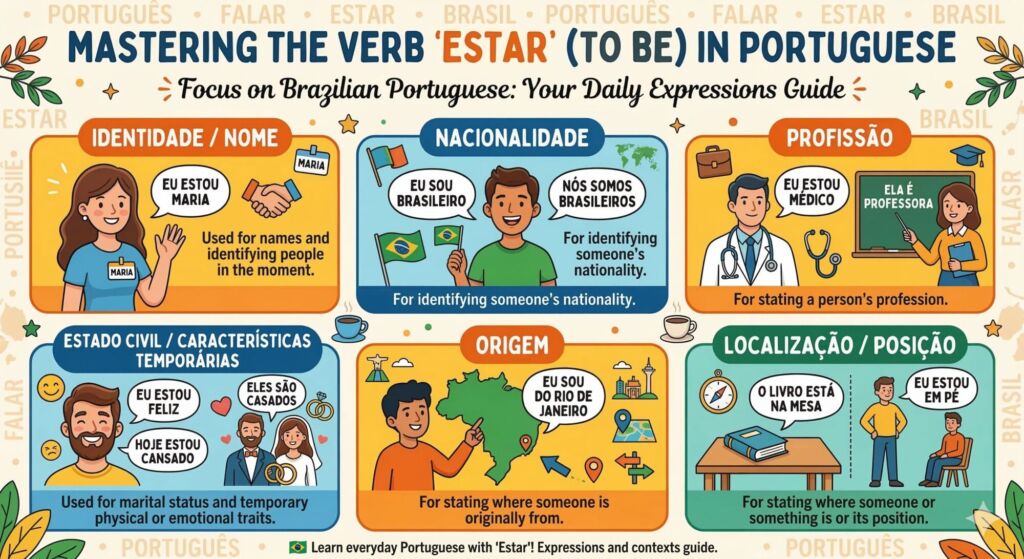 A modern educational infographic illustration designed in a friendly, cheerful digital cartoon style, titled "MASTERING THE VERB 'ESTAR' (TO BE) IN PORTUGUESE" with a decorative banner and subtitle. The image is structured in two rows of three colorful panels, each providing clear examples and icons for using the verb estar in Portuguese. The panels include: 1. IDENTIDADE / NOME (Identity / Name) with "EU ESTOU MARIA" (I am Maria). 2. NACIONALIDADE (Nationality) with a man and flags saying "EU SOU BRASILEIRO" (I am Brazilian). 3. PROFISSÃO (Profession) with "EU ESTOU MÉDICO" (I am a doctor) and a teacher. 4. ESTADO CIVIL / CARACTERÍSTICAS TEMPORÁRIAS (Marital Status / Temporary Traits) with "EU ESTOU FELIZ" (I am happy) and "ELES SÃO CASADOS" (They are married). 5. ORIGEM (Origin) with a map of Brazil and "EU SOU DO RIO DE JANEIRO" (I am from Rio de Janeiro). 6. LOCALIZAÇÃO / POSIÇÃO (Location / Position) with "O LIVRO ESTÁ NA MESA" (The book is on the table) and a standing person. The overall color palette is warm (blues, oranges, greens, yellows). The background includes subtle Portuguese words. A small banner at the bottom says: "Learn everyday Portuguese with 'Estar'! Expressions and contexts guide."